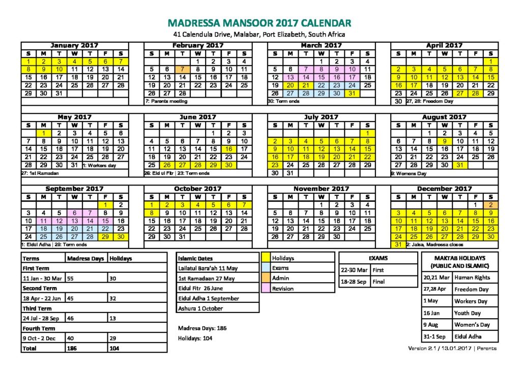 Madressa Calendar 2017 – Masjid Mansoor