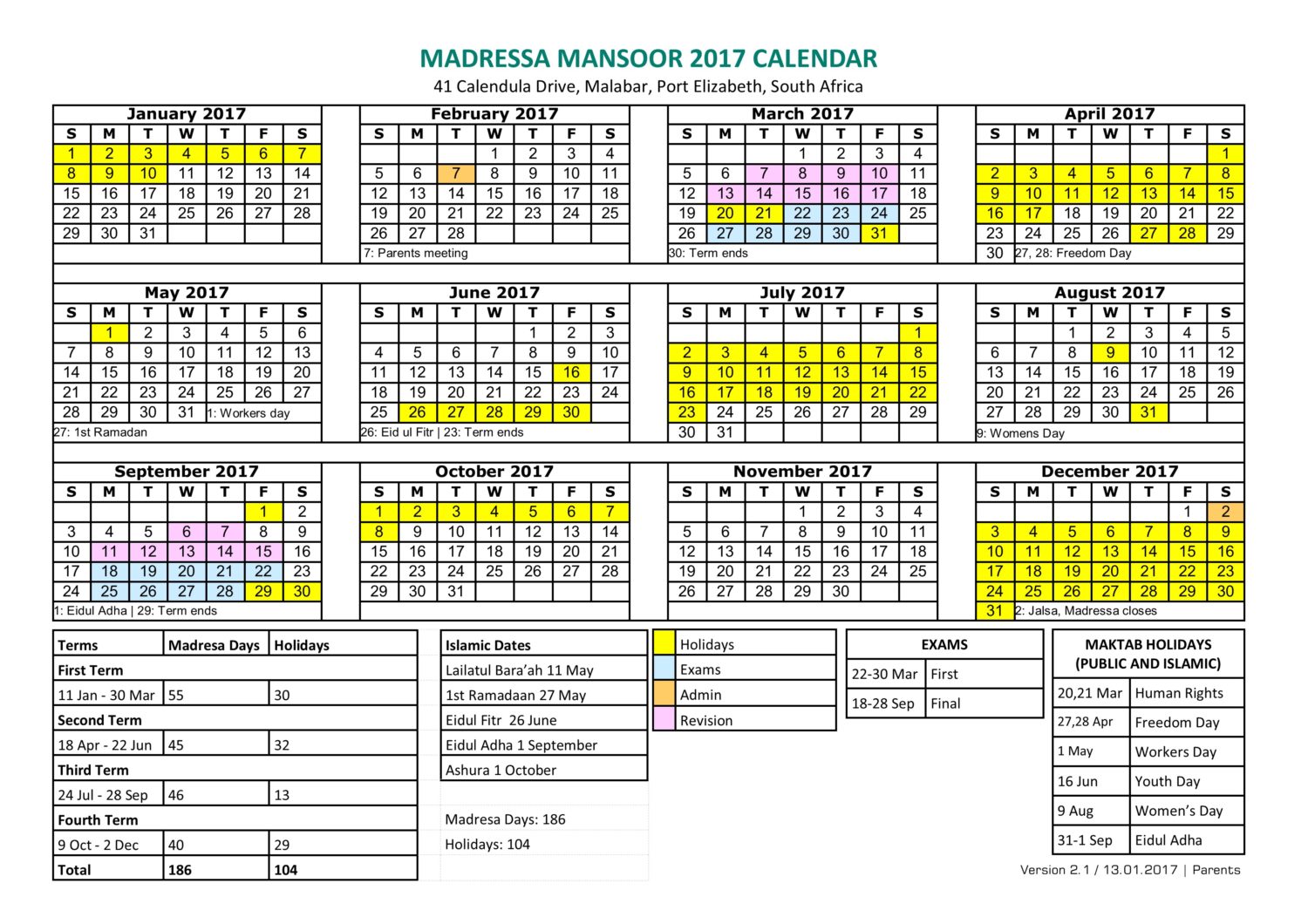 Madressa Calendar 2017 – Masjid Mansoor